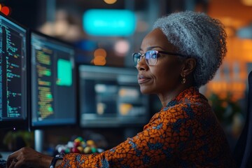 Wall Mural - high-angle shot of thoughtful female african american senior it specialist reading computer screen, 
