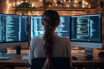 Wall Mural - rear view of female programmer of black ethnicity working on multiple computers reading screen with 