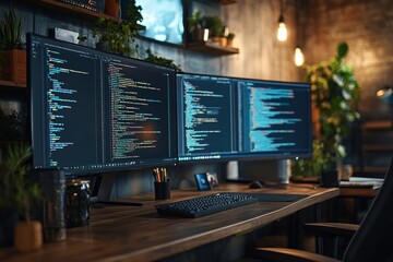 Wall Mural - background shot of software engineer working desk with multiple computer screens displaying programm