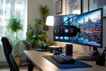Wall Mural - background shot of contemporary computer programmer office setup with vr headset in carrying case on