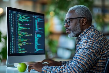 Wall Mural - back view of male african american senior it specialist in glasses code programming on computer whil