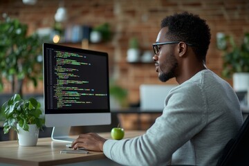 Wall Mural - back view of male african american senior it specialist in glasses code programming on computer whil