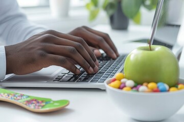 Wall Mural - close up on male hands of african american it engineer typing on keyboard writing code in office whi