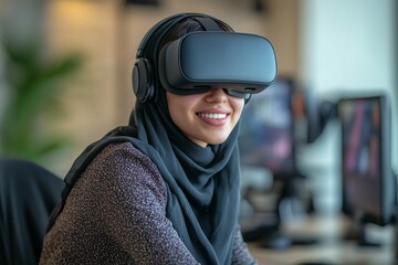 Wall Mural - portrait shot of higher-weight female middle eastern vr developer smiling sitting at desk looking at
