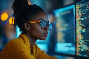 Wall Mural - side view shot of female middle eastern software engineer writing code on computer with multiple scr