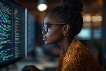 Wall Mural - side view shot of female middle eastern software engineer writing code on computer with multiple scr