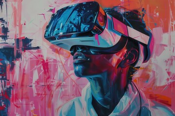 Aufkleber - A person engages with virtual reality technology in an immersive colorful environment, showcasing the future of digital interaction and entertainment