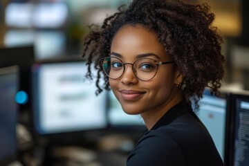 Wall Mural - medium portrait shot of curly female african american vr developer wearing glasses and orange shirt 