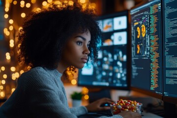Wall Mural - shot of focused curly female african american software developer at desk with candy bowl reading mul
