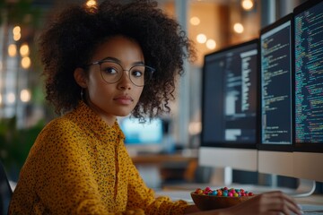 Wall Mural - shot of focused curly female african american software developer at desk with candy bowl reading mul