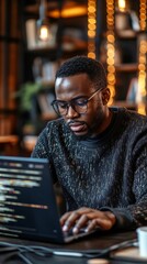 Wall Mural - vertical high-angle shot of concentrated male african american software developer writing program co