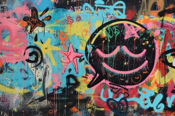 Poster - Vibrant urban mural showcasing diverse faces and artistic expressions on a city wall in broad daylight
