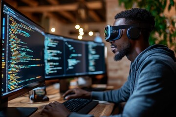 Wall Mural - side view of male african american software developer working on computer writing code for vr app wh