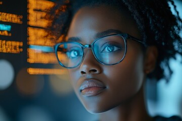 Wall Mural - creative shot of serious female software developer of black ethnicity reflecting in computer screen 