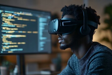 Wall Mural - portrait shot of software engineer of black ethnicity in vr headset writing code for cutting-edge ga