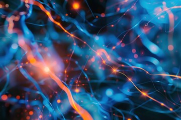 Poster - Vibrant abstract waves of light and color flowing dynamically against a dark background, illustrating energy and motion in a captivating visual display