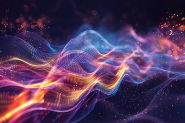 Poster - Vibrant abstract waves of light and color flowing dynamically against a dark background, illustrating energy and motion in a captivating visual display