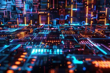 Poster - A vibrant display of electrical circuits and glowing lights in a futuristic digital landscape at night