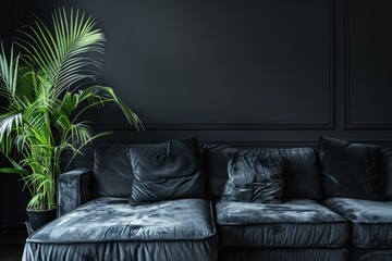 Poster - A black couch with a green plant in a pot on it, generative ai image