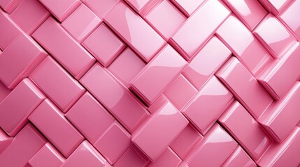 Geometric Pink Herringbone Grid. Futuristic 3D Wall Made of Glossy Blocks