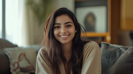 20-year-old Arabic woman relaxes on her sofa in stylish loungewear, beaming at the camera with a wide smile that highlights her confidence and warmth. Arabic woman, stylish loungew