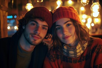 Portrait of two creative young people, man and woman looking at camera with flash, Generative AI