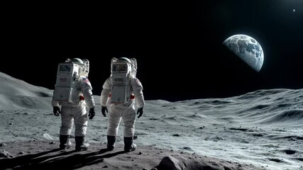 Wall Mural - two astronauts stand on the surface of the moon, gazing at the distant earth in the blackness of spa