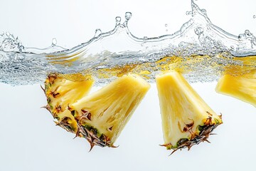 Fresh pineapple pieces falling in transparent water