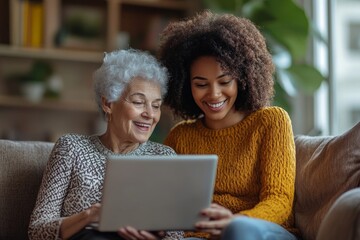 Portrait of smiling female caregiver helping senior woman using laptop at home, copy space, Generative AI