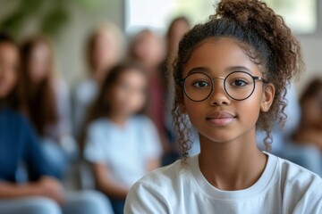 Portrait of young African-American therapist leading support group for children with teenage girl speaking, Generative AI