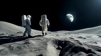 Wall Mural - two astronauts stand on the surface of the moon, gazing at the distant earth in the blackness of spa