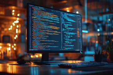 Workplace of it-developer or programmer with computer screen with coded data on background of office workers, Generative AI