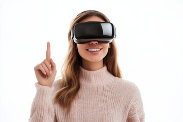 young smiling woman portrait finger touch something, working in vr glasses headset. isolated over wh