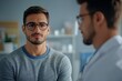 © James - Side view of Middle Eastern man patient in glasses complaining of shoulder pains during visit with defocused male doctor in clinic, Generative AI