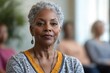 © James - Portrait of senior black woman sitting in circle at mental health support group in retirement home, Generative AI