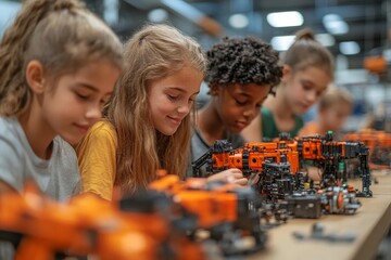 Diverse group of teenage children building robots together while enjoying engineering class in modern school, Generative AI