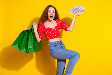 Wall Mural - Photo portrait of lovely young lady hold shopping bags money fan dressed stylish red garment isolated on yellow color background