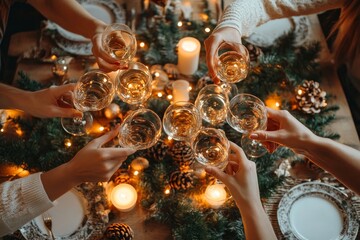 top view background of people raising glasses over festive dinner table while celebrating christmas 