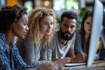 Diverse business team listening to man on computer screen during online meeting in office, Generative AI