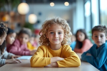 Diverse group of children studying together at table in modern school, copy space, Generative AI