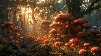 Poster - Enchanted Forest with Sunlit Mushrooms - Fantasy Landscape