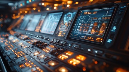 A close-up view of a futuristic spaceship cockpit with a lit up control panel and digital displays.