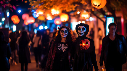 People in costumes and painted faces walk along a glowing street at night on Halloween created in AI