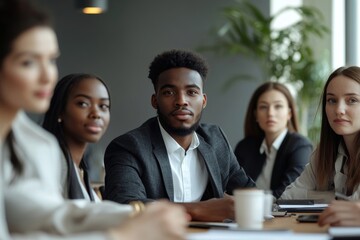 Portrait of contemporary multi-ethnic team discussing business project while sitting at cluttered table in conference room and listening to manager, copy, Generative AI