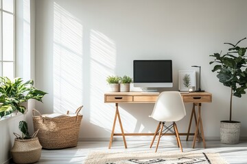Clean background image of minimalistic apartment interior with focus on computer desk against white wall, copy space, Generative AI