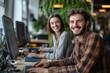 © James - Portrait of two young programmers using computers in office and smiling happily enjoying work, Generative AI