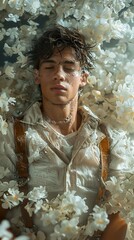 Canvas Print - Man Submerged in a Sea of White Flowers