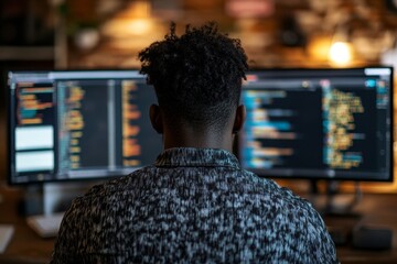 Wall Mural - back view of african american man using computers with data and code lines in office, copy space, ge