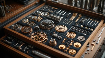 A wooden box filled with various metal gears, screws, and other mechanical parts.