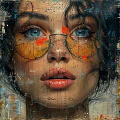 Wall Mural - Intriguing Portrait of a Woman with Blue Eyes and Yellow Glasses